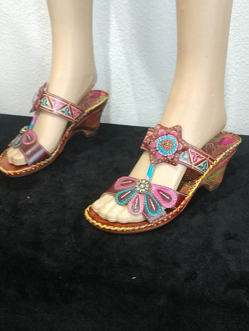 Artisan Floral Pink Leather Heeled Sandals